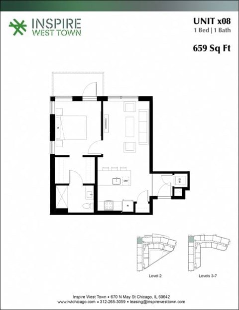 Floor plan for 1 bed, 1 bath, 659 sqft